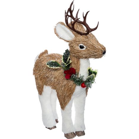 Fééric Lights And Christmas – Déco de Noël renne avec collier de houx – Figurine en polystyrène – Dimensions L. 25 x P. 12 x H. 38 cm – Ambiance festive intérieure (1/2)