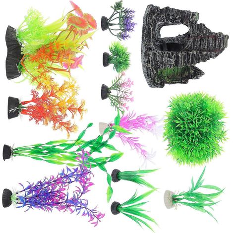 Ensemble de 13 éléments de décoration pour aquarium : plantes artificielles réalistes et cachettes rocheuses – décor sous-marin pour poissons betta, poissons rouges et aquariums de poissons tropicaux (1/5)