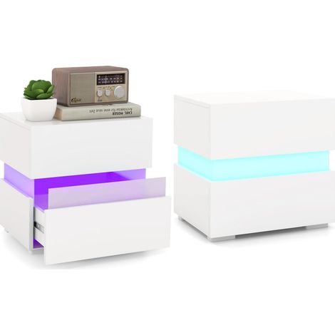 COSTWAY Tavolino a LED, Tavolino con Cassetto, Telecomando, 22 Modalità di Luce, 10 Velocità e 5 Luminosità, Comodino Moderno da Salotto e Camera da Letto (2, Bianco) (1/5)