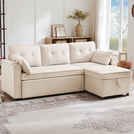 Sofá esquinero convertible 211x129,5x86 cm de tejido beige, con almacenaje para salón FloraGrace (1/5)