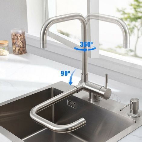 GILE Robinet Cuisine Rabattable avec 2 Jets Modes, Mitigeur Cuisine en Acier Inox 304 Pliable à 180° et Rotatif à 360° Sous Fenêtre Froid et Chaud Disponible - Acier Inoxydable (1/5)