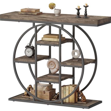 Console d'Entrée Industrielle, 6 Niveaux de Rangement, Plateau Épais 4 cm, 100 x 30 x 81,5 cm, Marron Rustique, pour Salon (1/5)