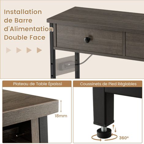 Console d'entrée grise avec station de recharge, 2 tiroirs et 2 étagères en maille métallique pour entrée salon et bureau (1/5)