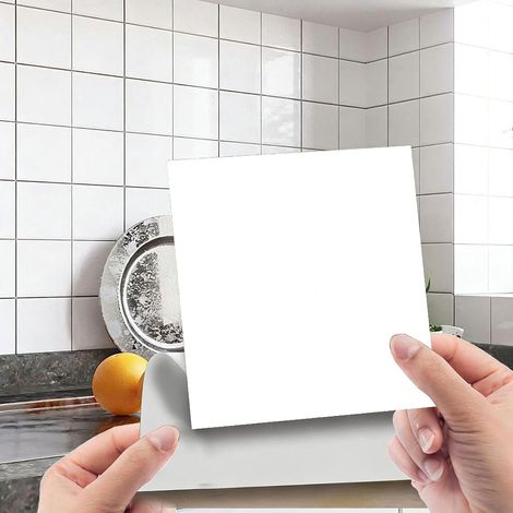 Lot de 96 autocollants pour carrelage de salle de bain et cuisine - 15 x 15 cm - Carreaux adhésifs imperméables pour mur arrière de cuisine - Film mural en PVC (blanc) (1/5)