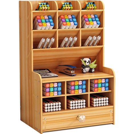 Organiseur Bureau Bois - 15 Compartiments + Tiroir - Montage DIY - 20,6 x 15 x 26,7 cm - Pour Stylos Crayons Fournitures (1/5)