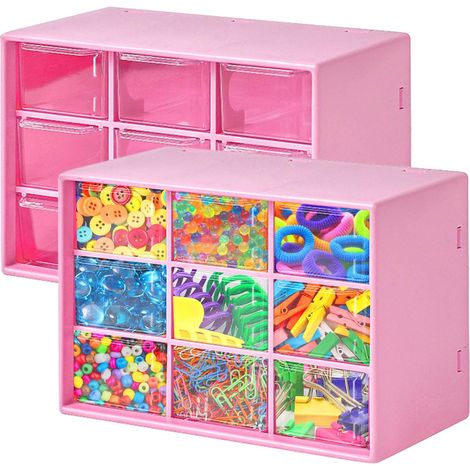 Lot de 2 boîtes de rangement avec 9 tiroirs, mini organiseur de tiroir de bureau, empilable pour bureau, artisanat, tiroir, armoire pour cosmétiques, bijoux, papeterie et accessoires (rose) (1/5)