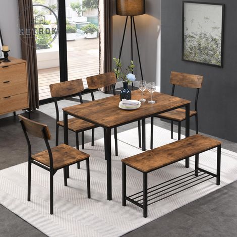 Ensemble table et chaises 6 pcs style industriel – Table à manger 110x70cm avec 4 chaises et 1 banc en MDF marron – Accents métalliques noirs (1/5)