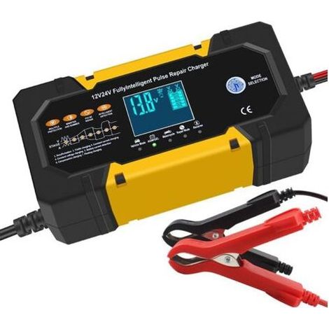 Jaune 12V 10A 24V 5AChargeur de batterie de voiture 12V 10A 24V 5A, chargeur de réparation à impulsions intelligent, chargeur de batterie de moto compatible avec les batteries au plomb-acide. (1/5)