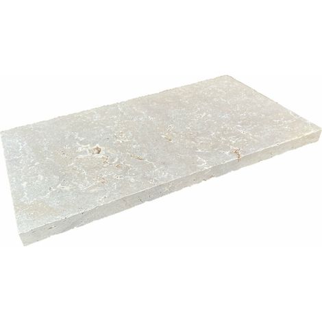 Margelle en travertin rustique mix beige 33x61x3cm – Épaisseur 3cm – Bord droit vieilli pour tours de piscine – Vendu à l'unité