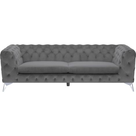 Sofá de 3 plazas de terciopelo gris estilo Chesterfield con respaldo bajo Sotra
