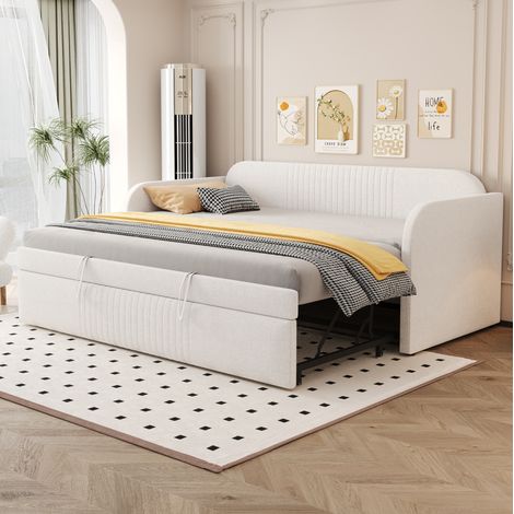 Lit banquette capitonné 90x190 cm extensible 180x190 cm, avec sommier à lattes, structure stable, lin beige (1/5)