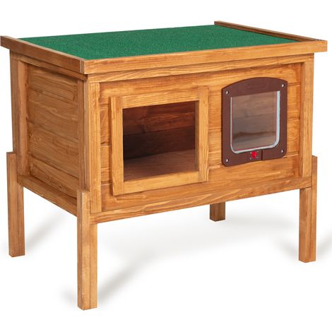 Idmarket – Maisonnette chauffante en bois pour chat – Dimensions 70x51,5x60 cm – Porte battante verrouillable – Fenêtre en plexi et aération (1/5)