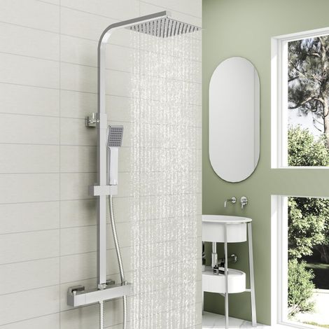 SKY Bathroom Mixer Shower Set Square Chrome Twin Head Thermostatic Bar Set (1/5)