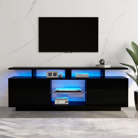 Meuble TV 140x35x55cm - LED - pour téléviseur 60 pouces - portes laquées brillantes avec étagères en verre - Noir (1/5)