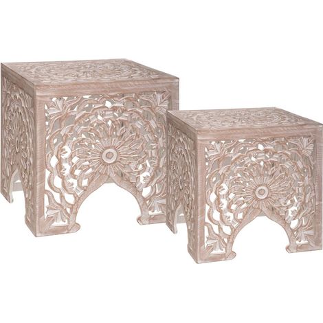 Atmosphera – Lot de 2 tables gigognes en MDF bois blanchi – Dimensions petite table L. 40 x l. 40 x H. 41 cm – Design ethnique chic