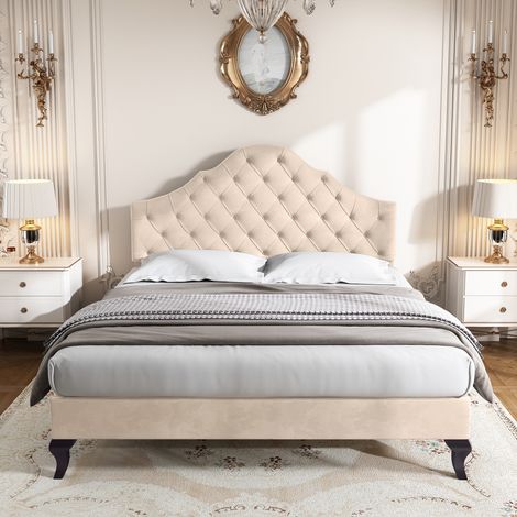 Letto per adulti Letto per ragazzi Letto matrimoniale imbottito 140 x 190 cm con rete a doghe e testiera, in velluto, beige (1/5)
