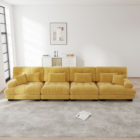 Canapé modulaire d'angle 4 places avec siège profond, chenille confortable rembourré pour salon, appartement, studio, bureau, jaune