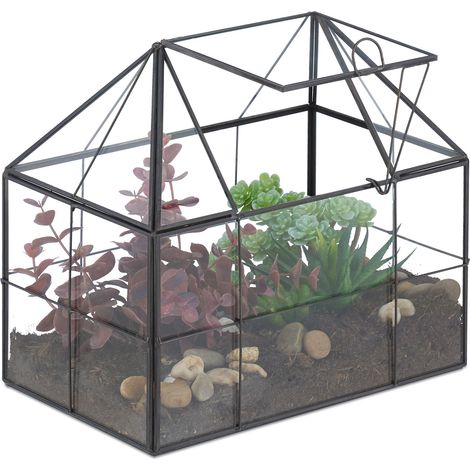 Relaxdays Terrario Piante, Mini Serra in Vetro e Rame, HLP 21x23x14 cm, Piantine Grasse e Muschi, Vaso Ecosistema, Nero (1/5)