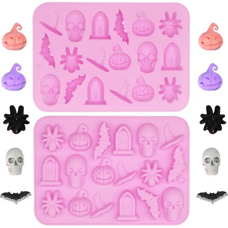 Stampo in silicone per Halloween, stampo per cioccolato di Halloween a 18 cavità, stampo per caramelle, stampo per zucca, pipistrello, ragno, cappello, forma di lapide per cioccolato, caramelle, gelat (1/5)