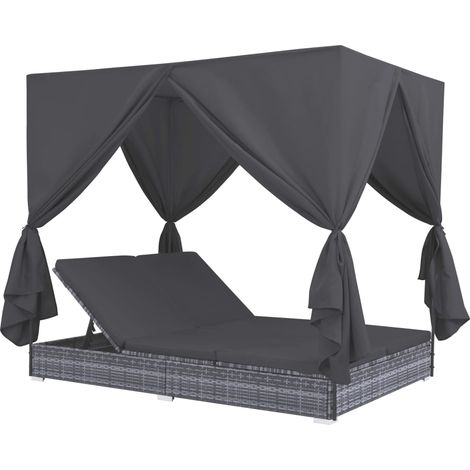 Tumbona cama con cortinas de ratán sintético gris vidaXL
