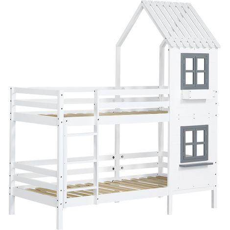 Kinder-Hochbett Haus 90 x 200 cm aus weißem Kiefernholz mit grauen Fenstern und Leiter (1/5)