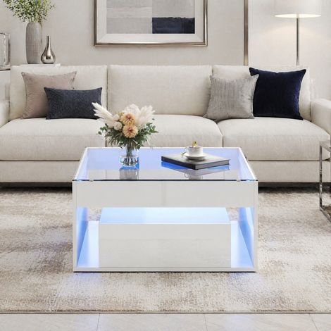 Mesa de centro 70 x 70 x 35 cm con 2 cajones, LED, vidrio templado, blanco OKMYHOME (1/5)