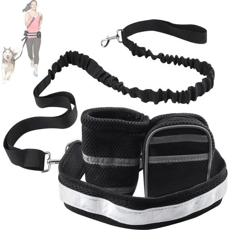 Ensemble laisse pour chien idéal pour la course, le jogging et la marche - Laisse mains libres, double poche, ceinture haute réglable, noir