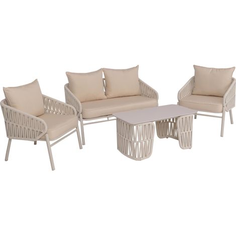 Ensemble de jardin HWC-P90, ensemble lounge canapé fauteuil table, tressage en corde tissu/textile (
