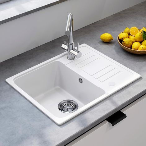 HOROW Quartz Single Bowl Reversible White Kitchen Sink 57x45 cm,Push-to-Drain/Store Water, Scratch-Resistant, Stain-Proof, Self-Healing,with Drain Fittings & Overflow (1/5)
