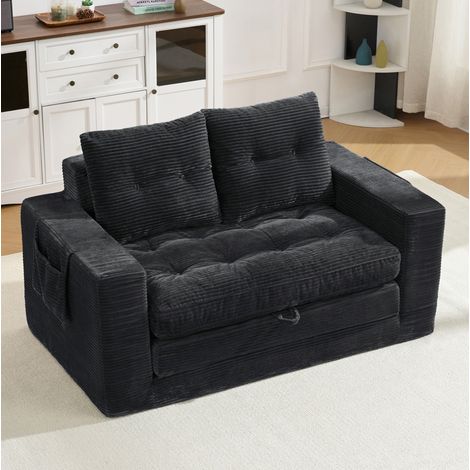 Divano letto 2 posti in velluto a coste nero con ampi braccioli e tasche laterali OKWISH (1/5)