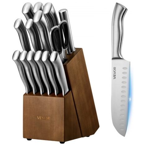 Juego de Cuchillos de Cocina, con Bloque de Madera y Afilador, con Cuchillos Afilados de Acero Inoxidable de Alto Carbono, con Mango Ergonómico, 15 Piezas, 123 x 190 x 345 mm, Color Plata (1/5)