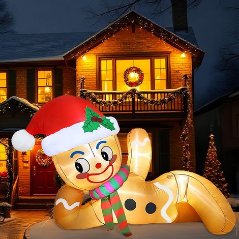 300 cm - Décoration de Noël gonflable d'extérieur - Bonhomme en pain d'épice avec lumières LED intégrées - Pour jardin, pelouse, cour, fête