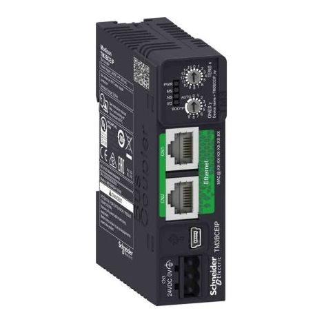 Module d'E/S Modicon TM3 IP20 avec une vitesse de transmission de 10/100 Mbps et des dimensions de 27 x 70 x 96,5 mm