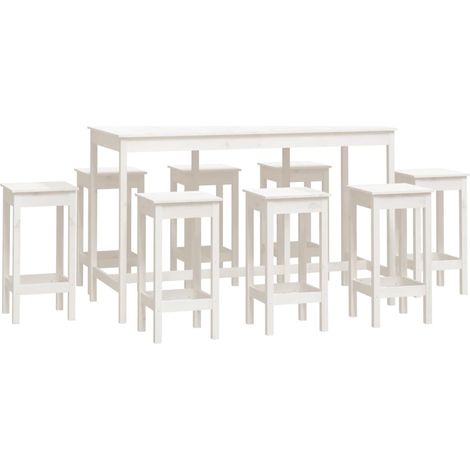 Set de 1 Table et 8 Tabourets de bar, Ensemble Table et Chaises Blanc Bois de pin massif OIB9701E (1/5)