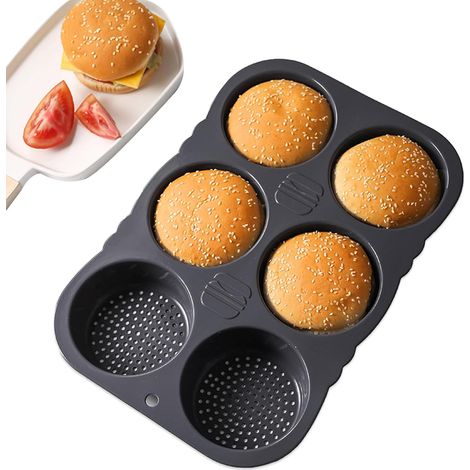 Stampo per panini per hamburger rotondo in silicone antiaderente da 10 cm di diametro con 6 cavità, stampo per muffin, grande per hamburger, panini (1/5)