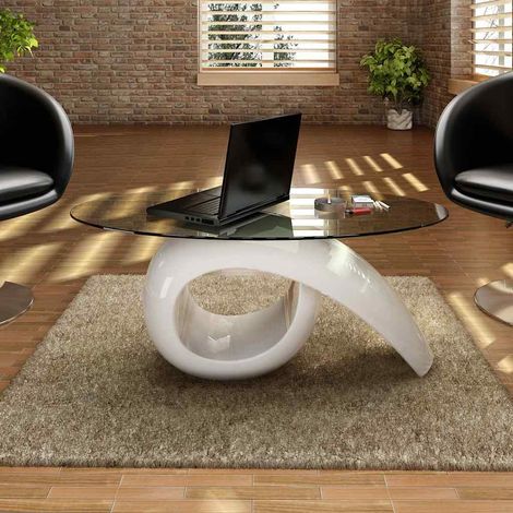 Table basse Table d'appoint pour Salon Chambre - avec dessus de table en verre ovale Blanc brillant BV547708 - BonneVie (1/4)