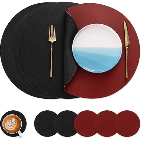 Set de Table 38cm Cuir et Dessous de Verre Double Face Lavable Imperméable Rond Plastique (Rouge (1/5)