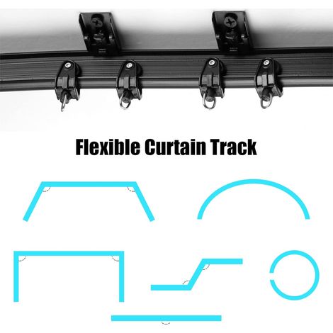 Rail de rideau de plafond pliable rail de rideau incurvé, 5 mètres de support de rideau de plafond flexible rail de rideau incurvé pour rail de rideau avec système de rideau de rail (noir, crochet noi (1/4)