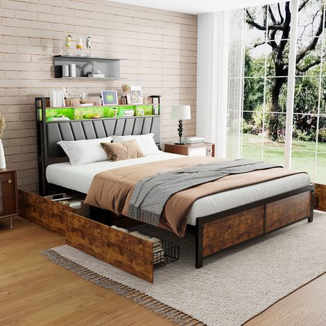 Lit double 180x200cm, lit rembourré avec RGB-LED, prise Euro, ports USB et Type-C, lit de rangement avec 4 tiroirs, lit en bois d'acier, base en métal, matelas non inclus, marron (1/5)