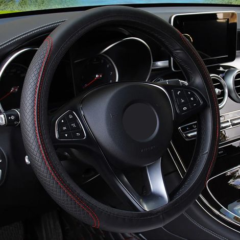 Housse de volant en cuir (noir et rouge) - Style automobile - Compatible avec Renault Megane 2, 3, Duster, Logan, Clio 4, 3, Laguna 2, Sandero, Scenic 2 et Captur (1/5)