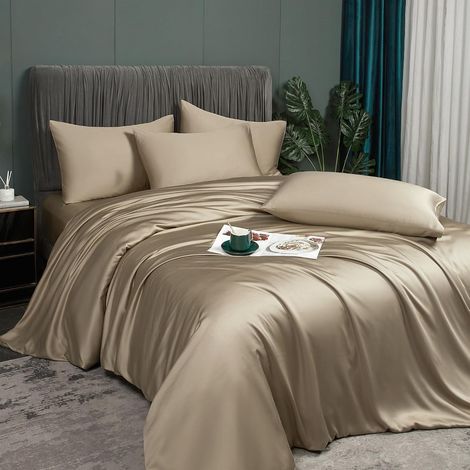 Bamboo Duvet Cover 220 x 240 cm, Taupe Khaki, Adult Double Lyocell Bedding Set, Plain Silk Smooth Silky Shiny Modern Duvet Cover Bedding Set with Zip (1/5)