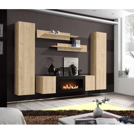 Ensemble meuble TV mural Fly M1 avec cheminée bioéthanol - Bois MDF chêne Hickory Jackson - 260 x 170 x 40 cm - Livraison gratuite (1/3)