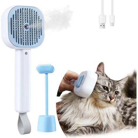 Cepillo de vapor para gatos, peine desenredante de doble modo, masajeador interactivo, botón de autolimpieza, para mascotas de pelo largo o corto. (1/5)