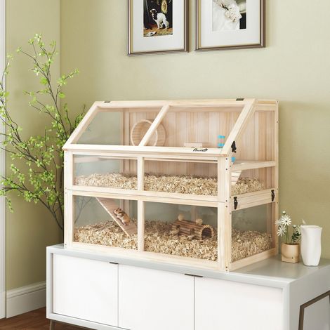Cage en bois pour hamster, 3 niveaux, cage pour rongeurs, cage pour petits animaux avec bascule, roue d'exercice et cabane, 95 x 53 x 76 cm, bois naturel (1/5)