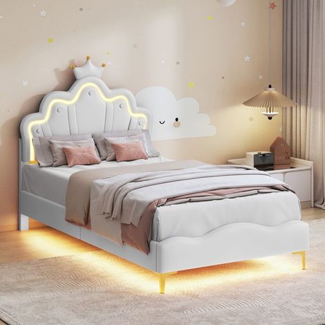 Bett 90x200 cm - NEXU - Mädchenbett mit LED - Kopfteil Krone - Weiß - 1 Platz