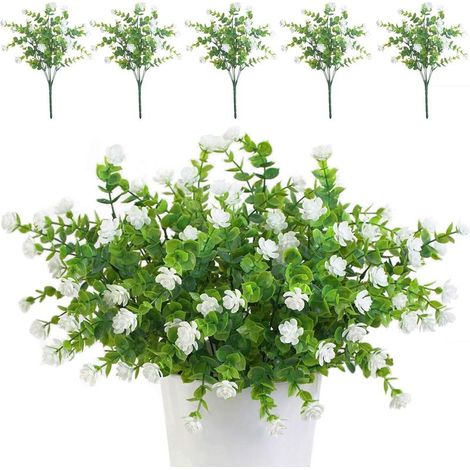 Lot de 5 bouquets de fleurs artificielles blanches résistantes aux UV et de plantes vertes pour la décoration extérieure, intérieure, balcons, jardins, bureaux, mariages et fêtes. (1/5)