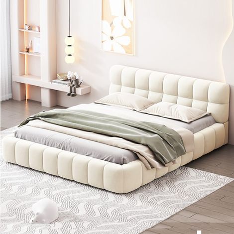 Lit 140x190 cm, lit double 140x190 cm, avec dossier moelleux, cadre rembourré, sommier à lattes, lin, style scandinave - Beige (1/5)
