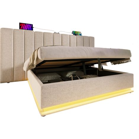 Lit coffre 160x200 avec LED 360°, ports USB-C et rangement hydraulique, structure robuste en tissu beige, design moderne et gain de place – CHICFURN (1/5)