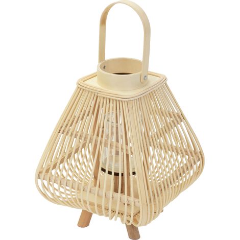 ECD Germany Lanterna in Bambù Naturale, Portacandela con Inserto in Vetro, Altezza 45,5 cm, Colore Legno, Lanterna da Giardino con Manico, Stile Boho, Decorazione per Terrazza, Balcone e Interni