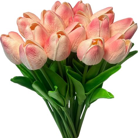 Conjunto de 15 tulipanes artificiales de poliuretano rosa, ramo realista para el Día de la Madre, San Valentín y bodas.